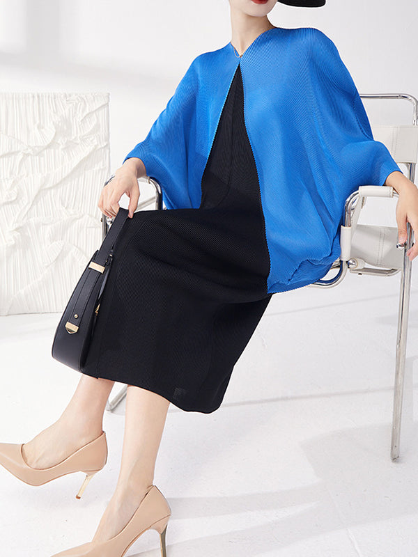 xakxx Batwing Sleeves Loose Contrast Color Pleated Round-Neck Midi Dresses