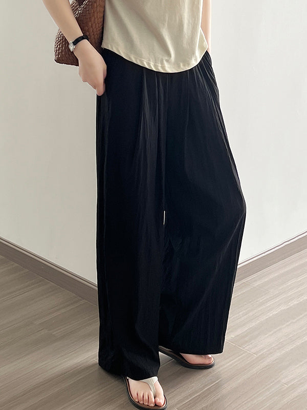 xakxx High Waisted Wide Leg Elasticity Pleated Solid Color Casual Pants Bottoms Trousers
