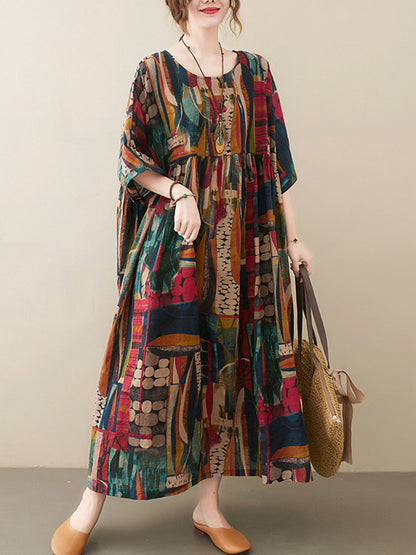 xakxx Vintage Loose Abstract Printed Pleated Round-Neck Half Sleeves Midi Dress