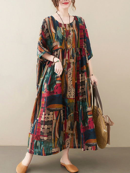 xakxx Vintage Loose Abstract Printed Pleated Round-Neck Half Sleeves Midi Dress