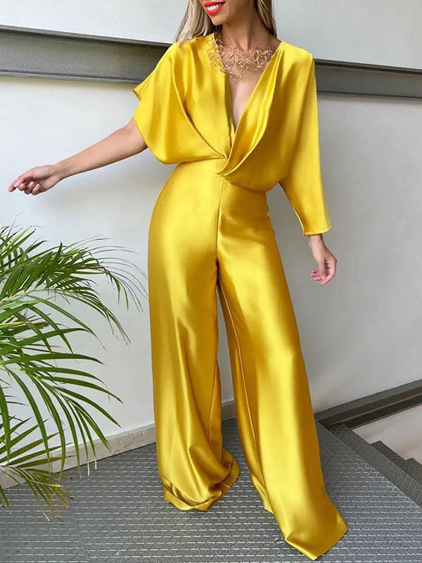 xakxx Asymmetric Solid Color Deep V-Neck Jumpsuits