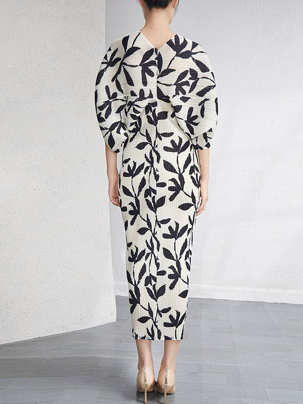 xakxx Urban Loose Batwing Sleeves Printed Pleated V-Neck Midi Dresses