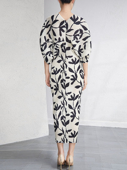xakxx Urban Loose Batwing Sleeves Printed Pleated V-Neck Midi Dresses