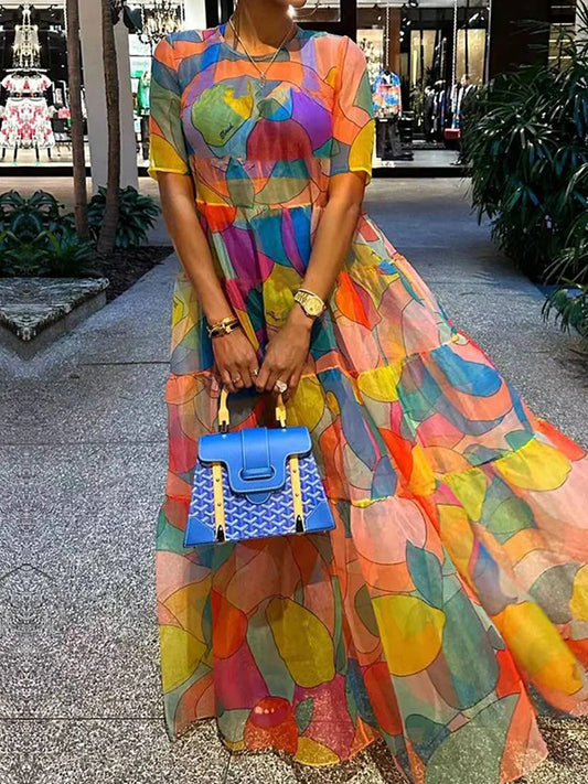 xakxx Loose Short Sleeves Multi-Colored Split-Joint Maxi Dresses