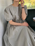 xakxx Original Loose Solid Color Pleated Puff Sleeves Midi Dress