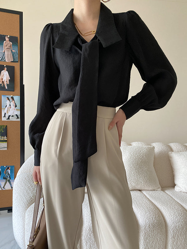 xakxx Urban Loose Long Sleeves Solid Color Lapel Collar Blouses