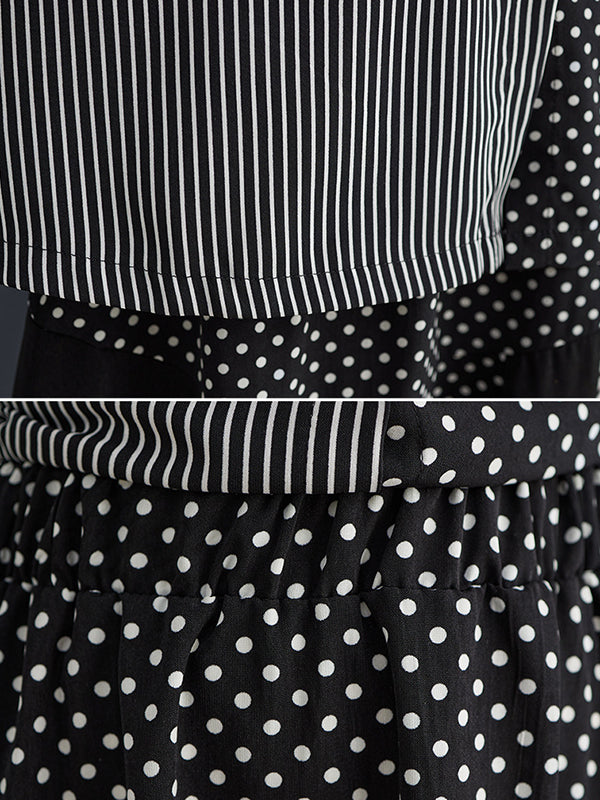 xakxx Loose Oversize Striped Polka-Dot Split-Joint Blouse Top A-Line Skirt Bottom Two Pieces Set