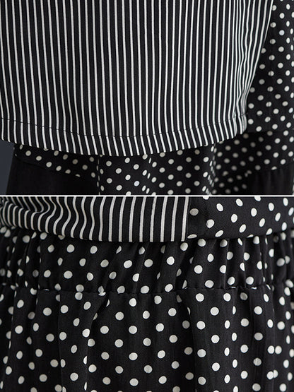 xakxx Loose Oversize Striped Polka-Dot Split-Joint Blouse Top A-Line Skirt Bottom Two Pieces Set