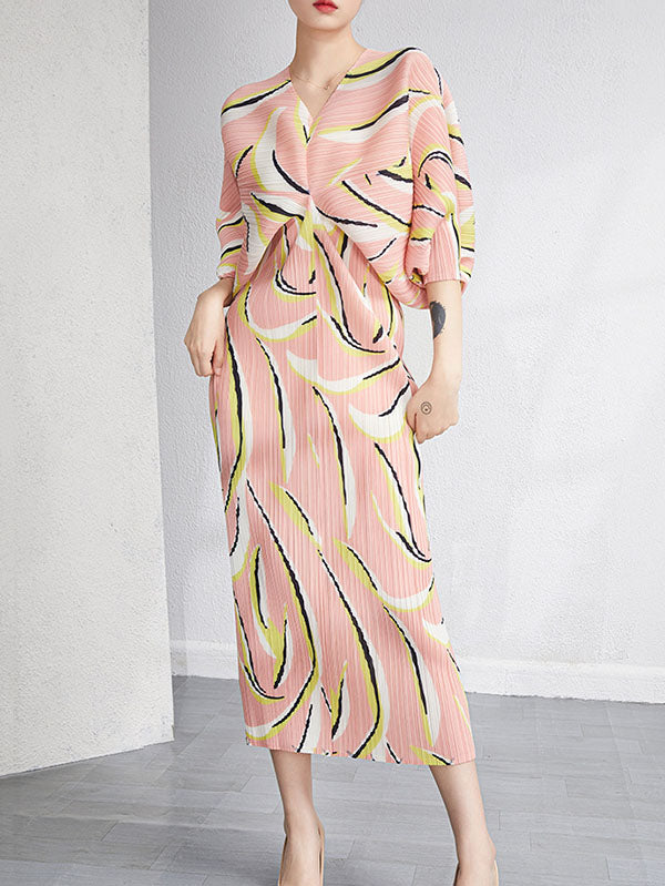 xakxx Urban Loose Batwing Sleeves Printed Pleated V-Neck Midi Dresses
