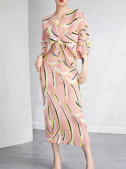xakxx Urban Loose Batwing Sleeves Printed Pleated V-Neck Midi Dresses