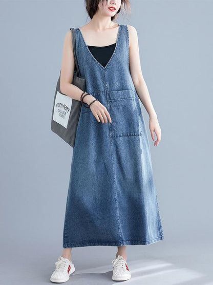 xakxx Loose Sleeveless Denim V-Neck Midi Dress