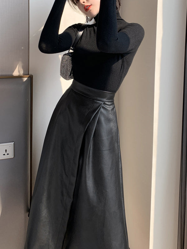 xakxx A-Line Loose Solid Color Split-Front Skirts Bottoms