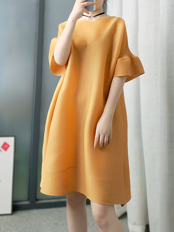 xakxx Stylish Selection Flared Sleeves A-Line Pleated Solid Color Round-Neck Midi Dresses
