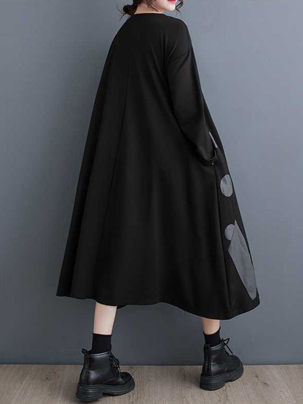 xakxx A-Line Long Sleeves Asymmetric Polka-Dot Split-Joint Striped Round-Neck Midi Dresses