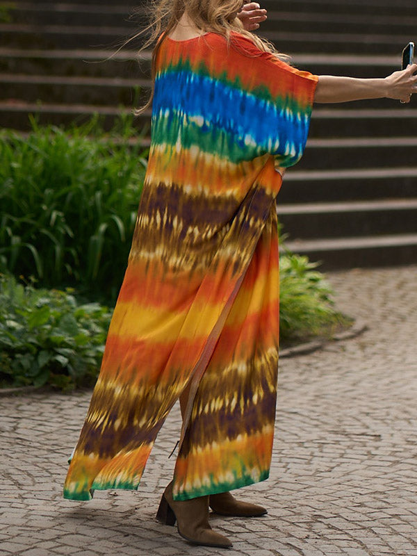 xakxx Batwing Sleeves Loose Split-Side Tie-Dyed V-Neck Beach Cover-Up Maxi Dresses