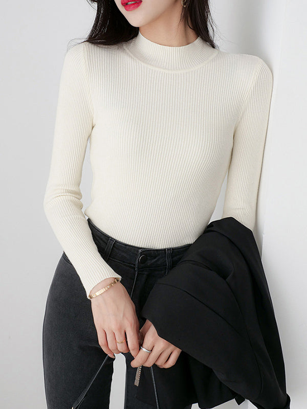 xakxx Simple Long Sleeves Skinny Solid Color High-Neck Pullovers