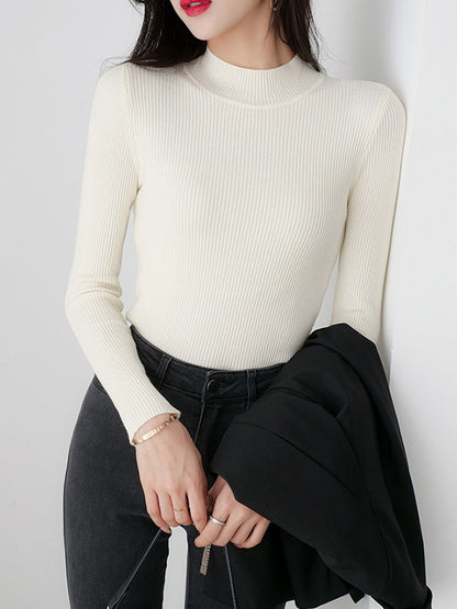 xakxx Simple Long Sleeves Skinny Solid Color High-Neck Pullovers