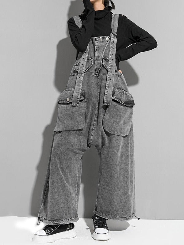 xakxx Loose Sleeveless Pockets Split-Joint Jean Pants Bottoms Overalls