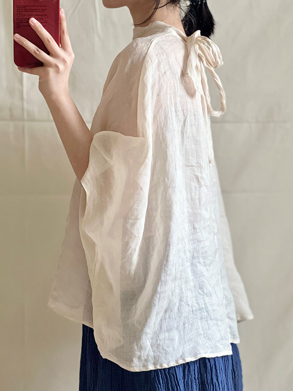 xakxx Batwing Sleeves Loose Lace-Up See-Through Solid Color Stand Collar Shirts Tops