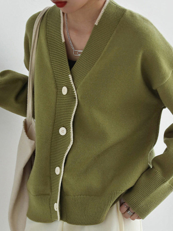 xakxx Casual Loose Long Sleeves Buttoned Contrast Color V-Neck Cardigan Tops