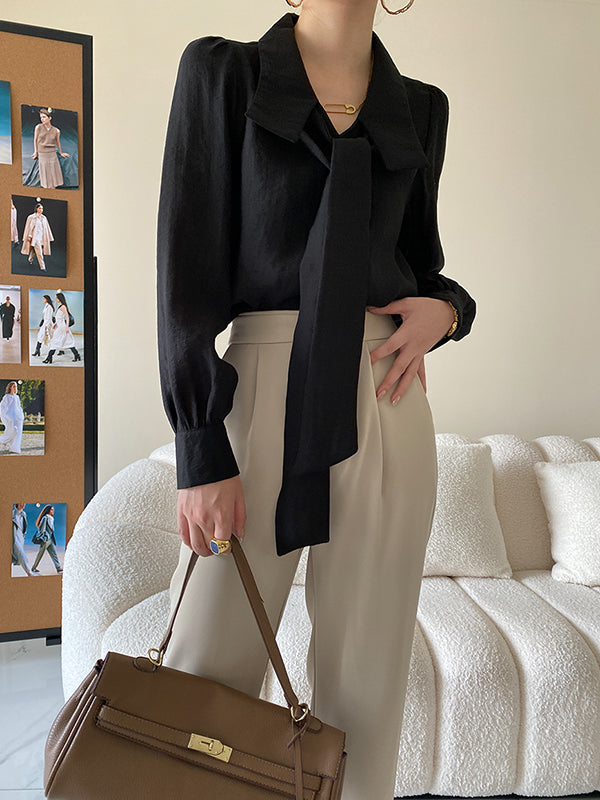 xakxx Urban Loose Long Sleeves Solid Color Lapel Collar Blouses