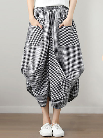 xakxx Artistic Retro Ramie Cotton Plaid Loose Irregular Elasticity Skirt