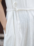 xakxx Loose Sleeveless Drawstring Solid Color Split-Joint Tied Waist Round-Neck Midi Dresses