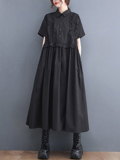 xakxx Simple Short Sleeves Loose Buttoned Falbala Split-Joint Solid Color Midi Shirt Dress