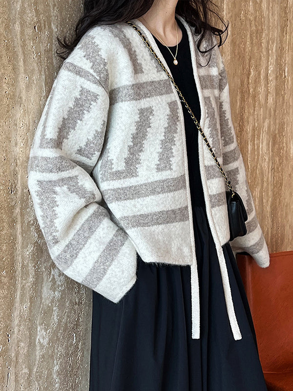 xakxx Long Sleeves Loose Contrast Color Printed Collarless Cardigan Tops