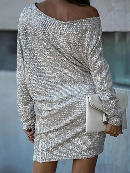 xakxx A-Line Loose Asymmetric Sequined Solid Color One-Shoulder Mini Dresses