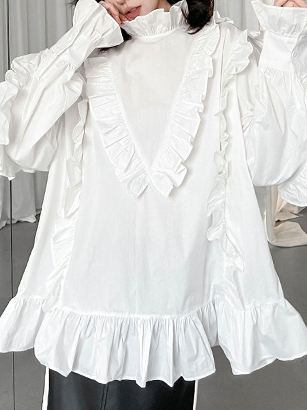 xakxx Long Sleeves Loose Buttoned Ruffled Solid Color Stand Collar Blouses&Shirts Tops