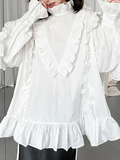 xakxx Long Sleeves Loose Buttoned Ruffled Solid Color Stand Collar Blouses&Shirts Tops