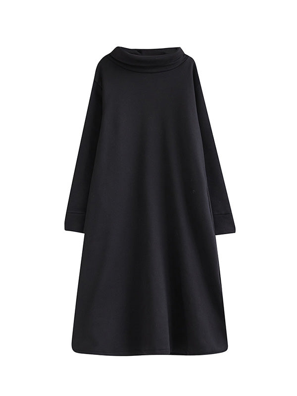 xakxx A-Line Long Sleeves Pockets Solid Color Split-Side Velvet High Neck Midi Dresses