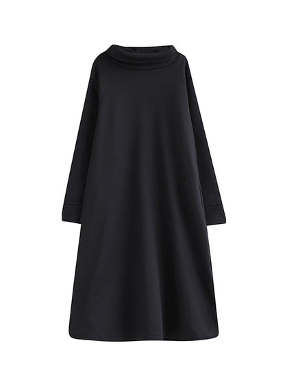 xakxx A-Line Long Sleeves Pockets Solid Color Split-Side Velvet High Neck Midi Dresses