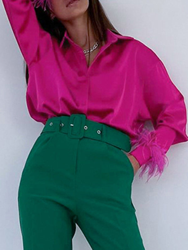 xakxx Loose Wrap Feathers Solid Color Split-Joint Lapel Collar Blouses&Shirts Tops