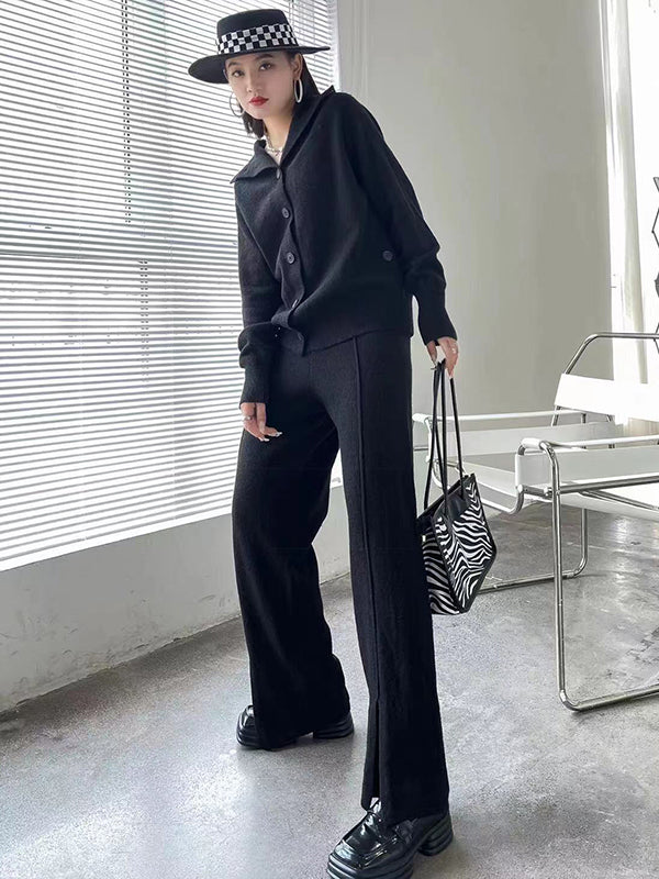 xakxx Urban Loose  Solid Color Cardigan Tops & Wide Leg Split-Front Pants Suits