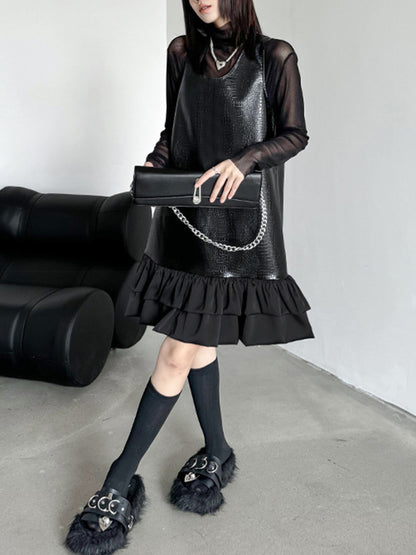 xakxx A-Line Loose Pleated Split-Joint U-Neck Mini Dresses