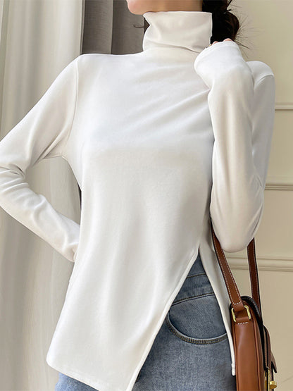 xakxx Casual Skinny Long Sleeves Split-Side Solid Color High-Neck T-Shirts Tops