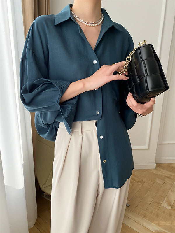 xakxx Solid Color Lapel Blouses&Shirts Tops