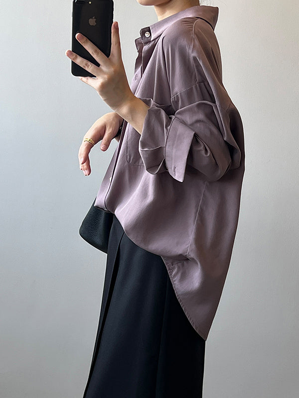 xakxx Vintage Long Sleeves Loose Solid Color Lapel Collar Blouses