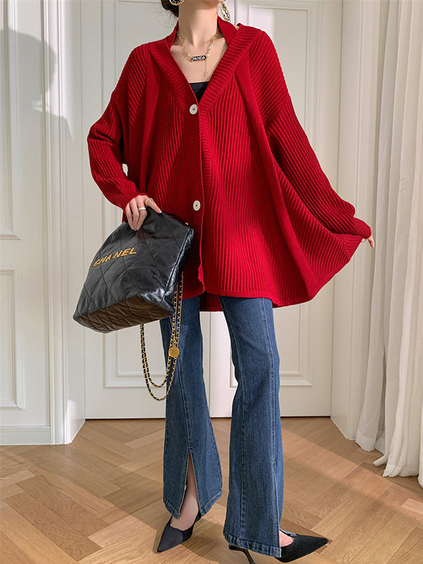 xakxx Stylish A-Line Long Sleeves Loose Solid Color V-Neck Cardigan Tops