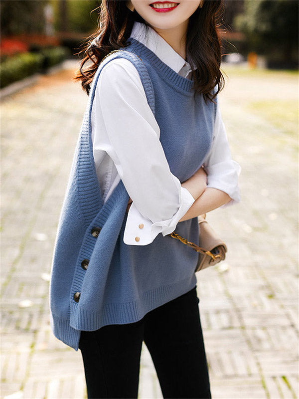 xakxx Casual Sleeveless Loose Solid Color Round-Neck Knitting Vest Outerwear