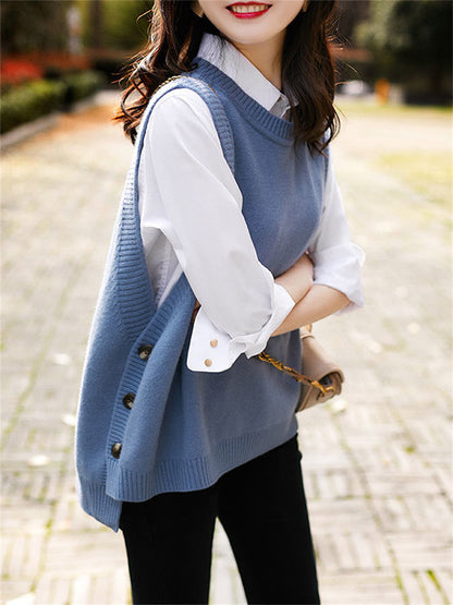 xakxx Casual Sleeveless Loose Solid Color Round-Neck Knitting Vest Outerwear
