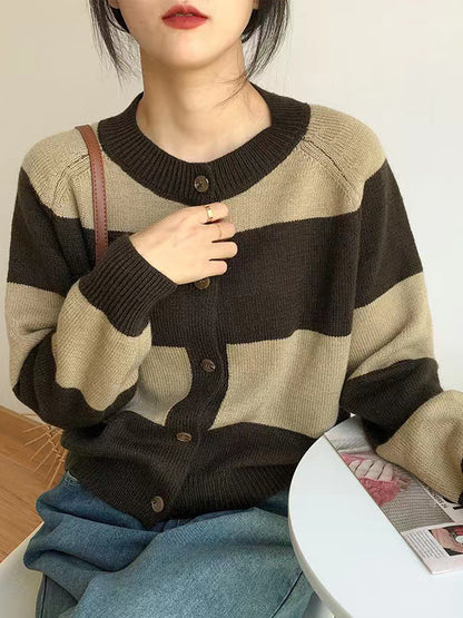 xakxx Casual Buttoned Contrast Color Striped Cardigan Tops