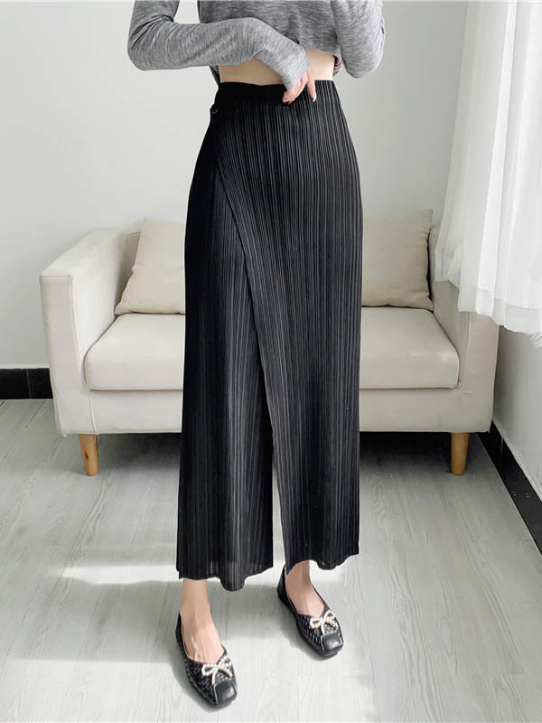 xakxx Column Irregularity Pleated Solid Color Casual Pants Bottoms