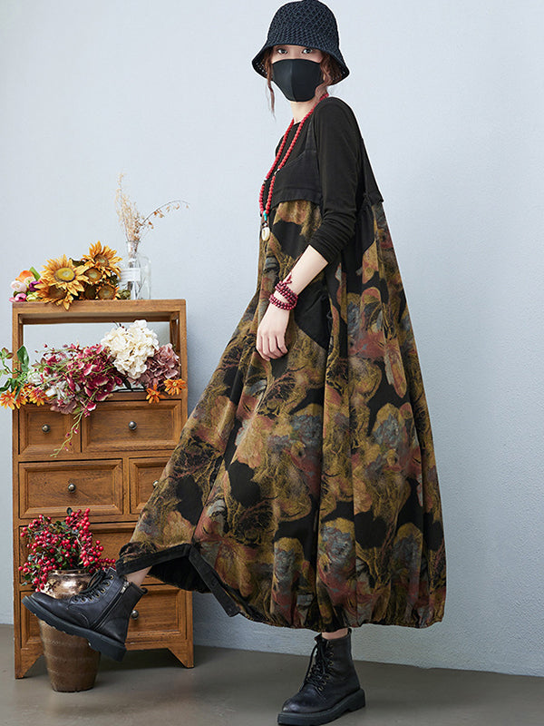 xakxx Artistic Retro Vintage Loose Floral Printed Square-Neck Sleeveless Overalls