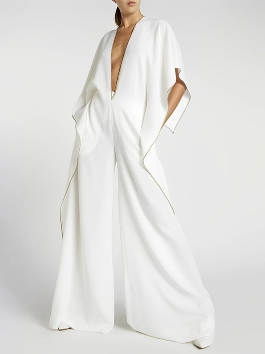 xakxx Loose Half Sleeves Solid Color Deep V-Neck Jumpsuits
