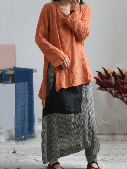 xakxx Vintage Plaid Split-joint Cropped Linen Pants