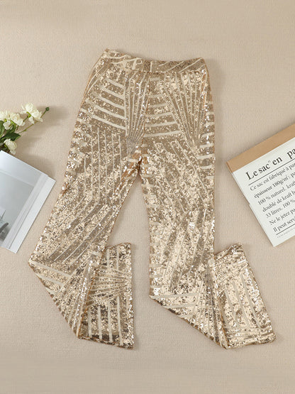 xakxx Flared Pants High Waisted Contrast Color Striped Sequined Pants