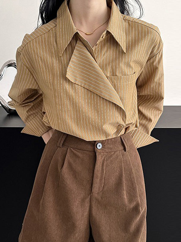 xakxx Long Sleeves Loose Asymmetric Split-Joint Striped Lapel Blouses
